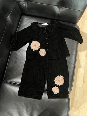Black Velvet Two-Piece Set with blush Floral Appliqués